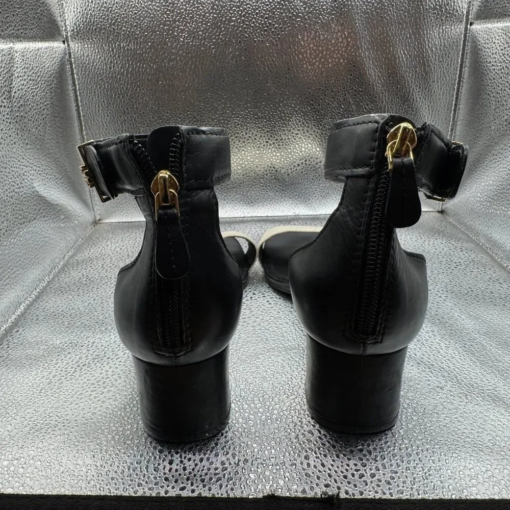 Size 9.5‎ M Tory Burch Black White Womens Two-Tone Block Heel Strappy Sandals